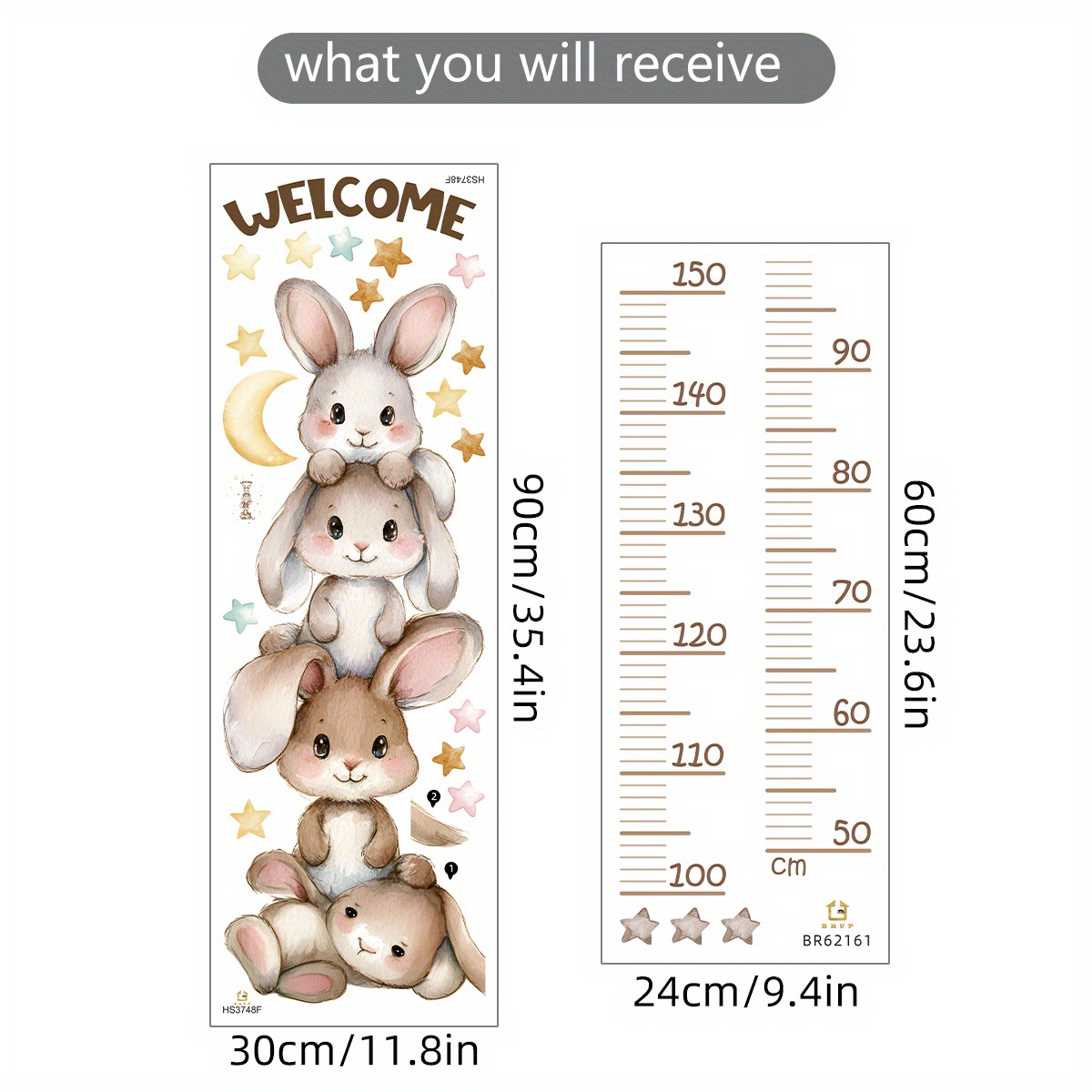 Image of Cute Cartoon Bunny Growth Chart Wall Decal - Removable & Pvc Kids Room Nursery Decor, Height Measurement Sticker With Stacking Rabbits Design Children's Room Decoration Wall Art Stickers