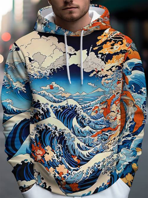 mens hooded sweatshirt chinese trendy koi fiber couple outfit autumn style casual daily wear