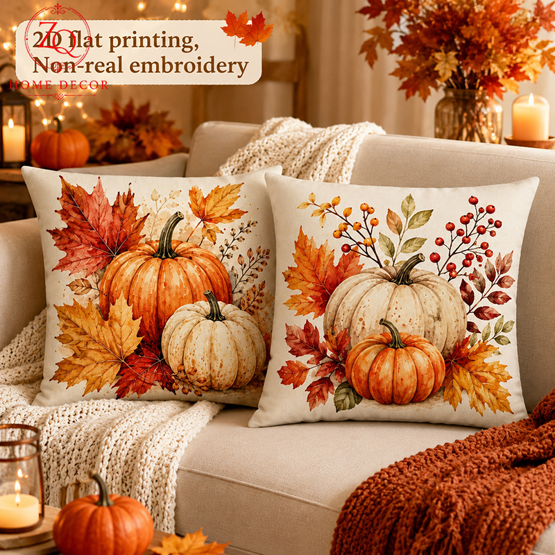 TEMU 2d Printing 2pcs Autumn Warm Tone Maple Leaf Pumpkin Berry Home Decor Pillowcase, Polyester Material, 18x18 Inches, Suitable For Bedroom, Sofa,
