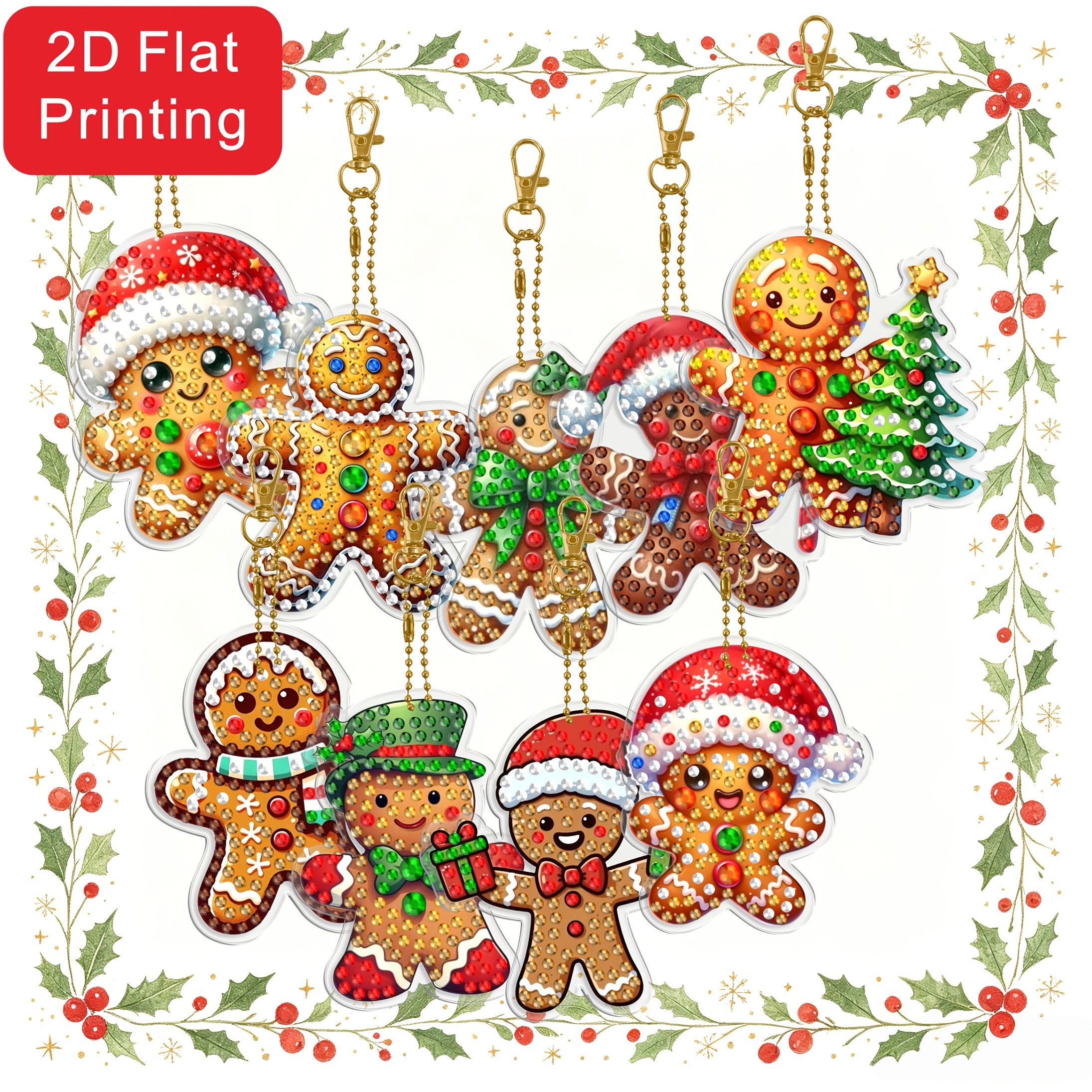 TEMU 2d/flat Printing 9pcs Christmas-themed Keychains, Featuring A Of Different Designs. This Full-rhinestone Christmas Holiday Decoration Set Is
