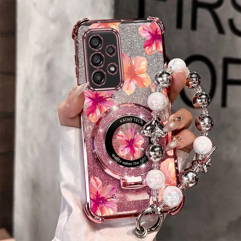 TEMU Étui téléphone : Dragonne perle magnétique pailletée avec support fleur pour Galaxy A52S GalaxyA52S 5G, -, -chute, support intégré, ensemble de