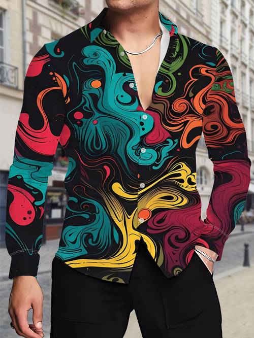 shirt features a covered with colorful fluid abstract patterns