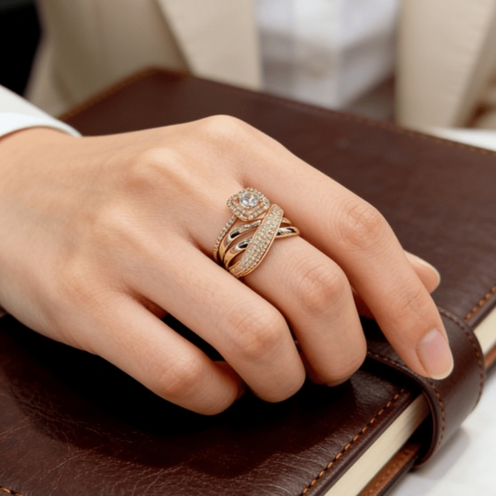 TEMU Parure de 2 bagues de fiançailles pour femme, style luxe léger , alliage incrusté de synthétique, parure de bagues décoratives adaptée au port ,