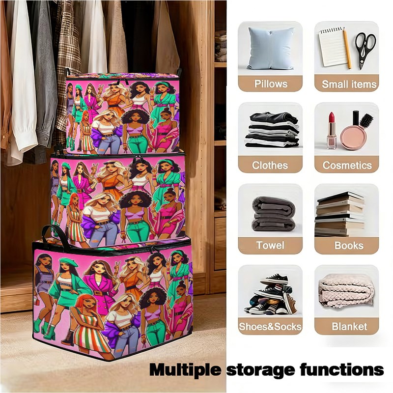 1pc large foldable zipper storage box organizer fashionable women in colorful attire   element print   travel packing clothing pants and bedding moving and underbed storage under bed storage