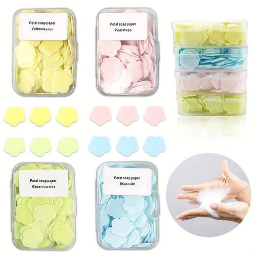 a box of 1 or 4 mixed packs of petal shaped portable soap sheets disposable soap sheets for hand washing mini soap paper for travel and outdoor activities soap travel friendly and convenient