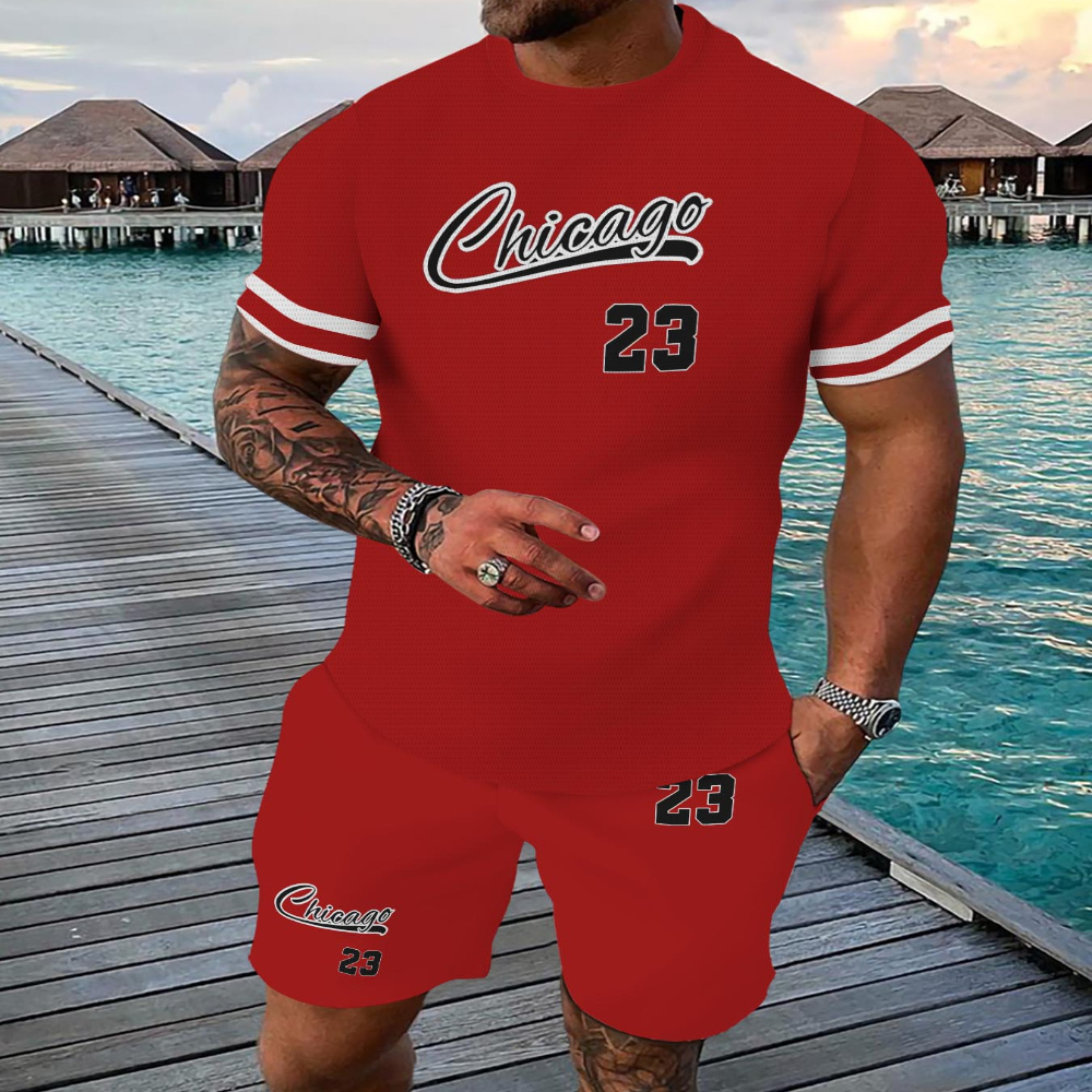 

Chicago 23 Casual Sweatsuit Set For Men, Polyester & Spandex Crew Neck T-shirt With Matching Shorts, Breathable Knit Fabric, Regular Fit, With 3d , For Summer Sports & Outfit