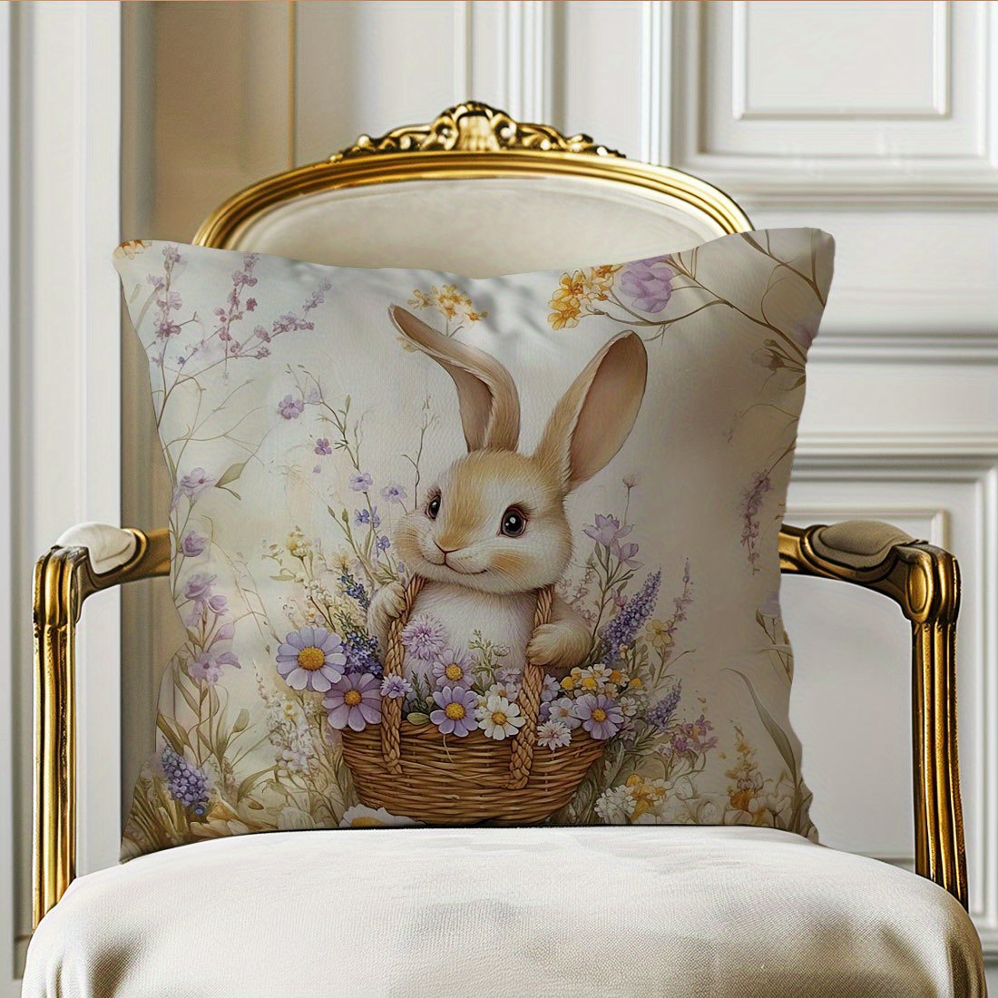 

Vintage Purple Floral & Bunny Throw Pillow Cover, 17.7x17.7in - Living Room, Bedroom Decor | Machine Washable Polyester With Zip Closure | Insert Not Included