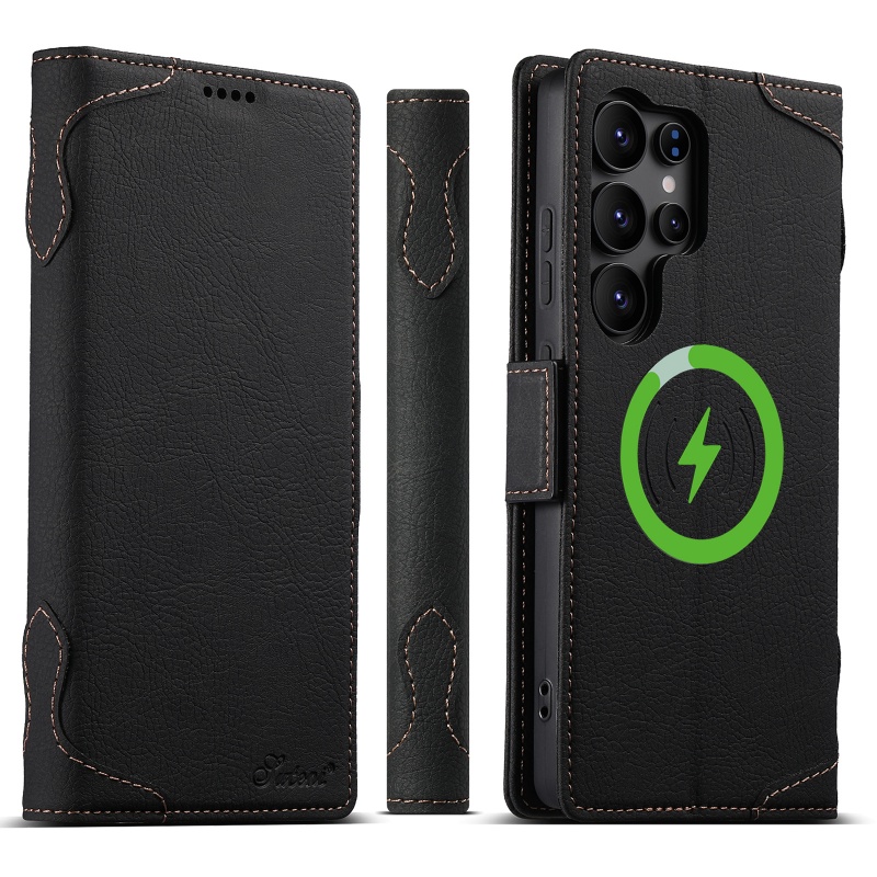 TEMU Phone Case - Retro Faux Leather Texture Wireless Charger Case Compatible With S25 Ultra, S24 Ultra/s23 Magnetic Stand Card Holder Protective