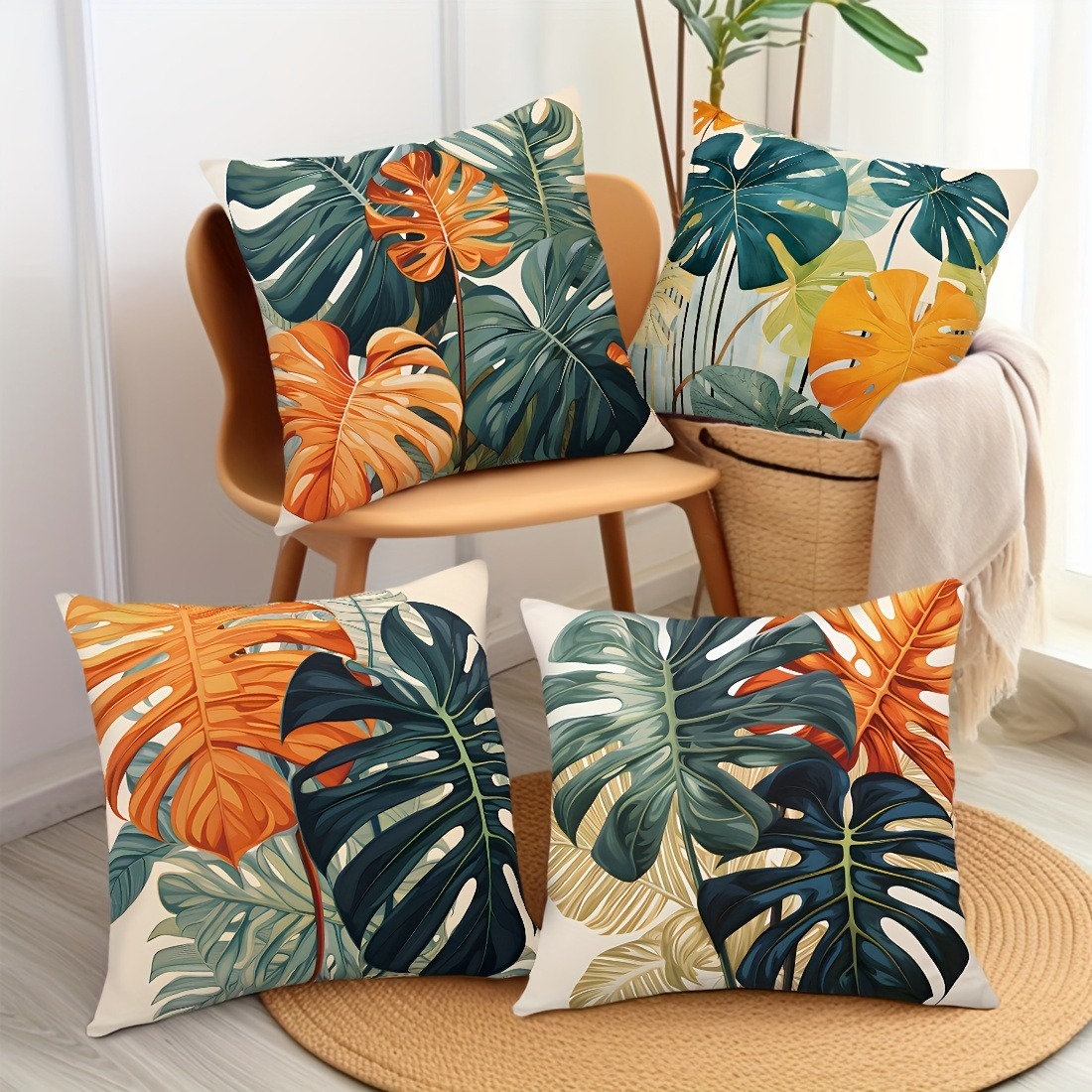 TEMU Jit4pcs Set Of Green Pillowcases With And Dragon Blood Tree Patterns. 1 Set Of 4 Pillowcases Is Soft, Comfortable, And Textured, Suitable For