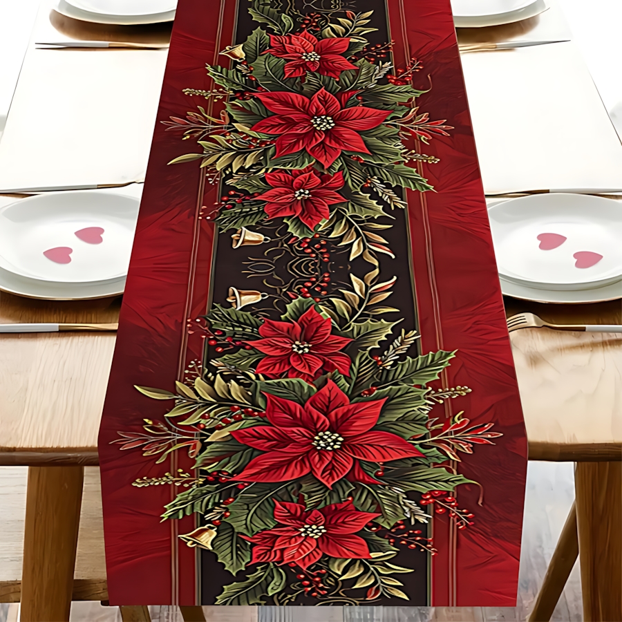 TEMU 1pc Christmas Polyester Tablecloth - Rectangular Tablecloth With Red Flowers, Pine Cones, And Pine Branches - Elegant Holiday Table Decoration