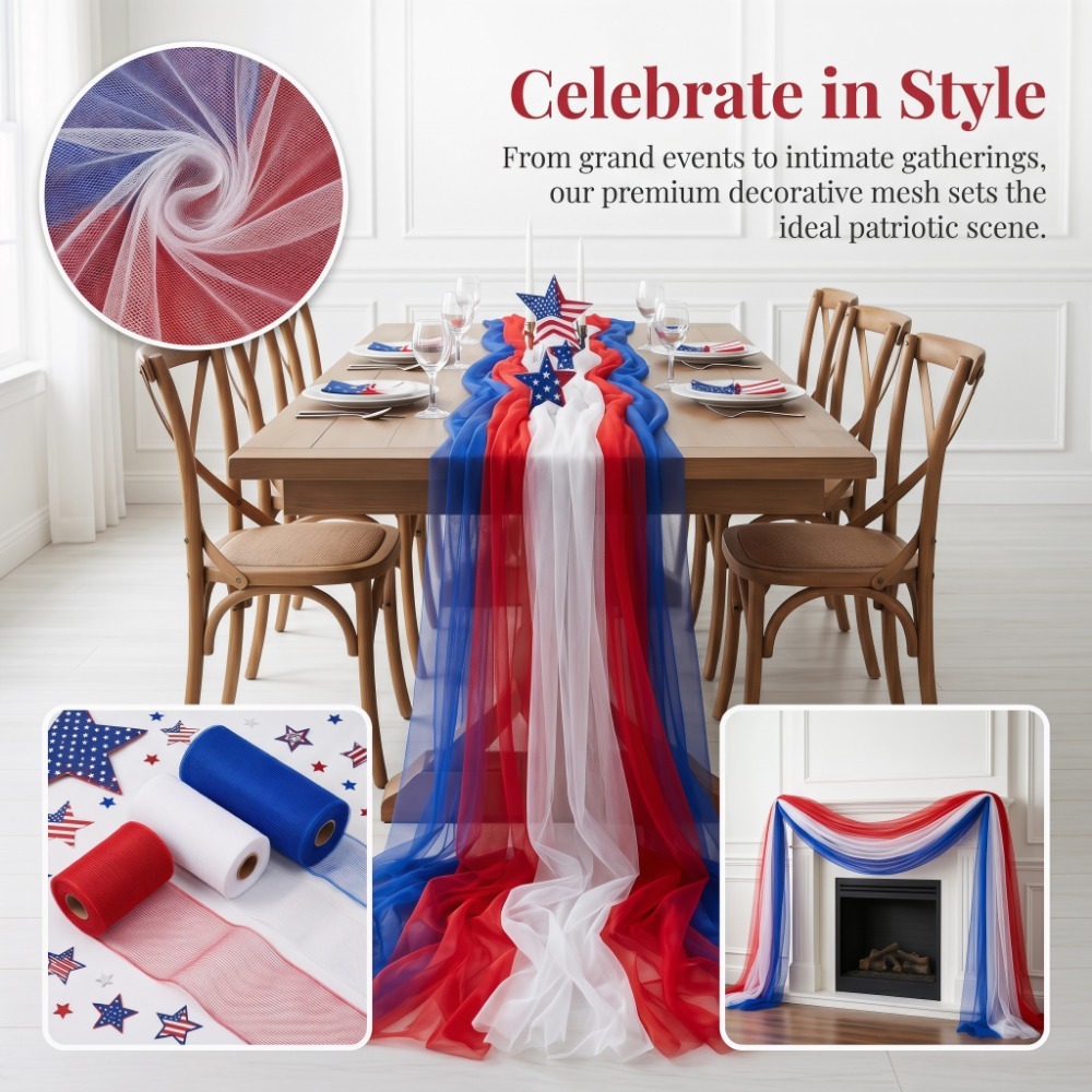 TEMU Tulle Tricolore Fête de l'Indépendance (, , Blanc) pour de l'Indépendance, Ensemble de 6 pièces de Tissus Transparent Tulle en Filet Décoratif,