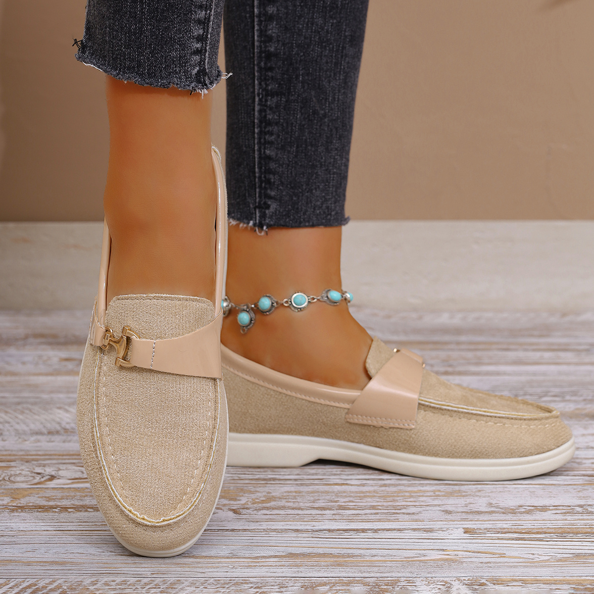 Women s British Style Slip-Resistant Loafers - Lightweight Beige Round-Toe Moccasins with Golden-Tone   & Arch Support,   Casual & Formal Shoes, Comfortable Synthetic Insole & Cushioned Rubber Sole for Casual Attire, Office, Semi-Formal Events - Versatile   Women s Loafers