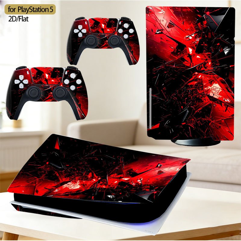 Cool and Explosive Red and Black Style, for PlayStation Skin Decoration, 2D  Console and Controller Decoration, Vinyl Sticker, Suitable for PS5 and Remote Controller, Self-adhesive, Single-use, PVC Skin Sticker, Scratch-resistant Sticker Provides