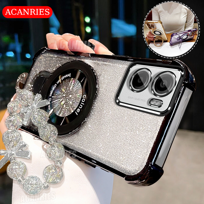 TEMU Phone Case: Acanries Luxury Star Bead Chain Lanyard With Magnetic Ring Bracket And Plating Gradient Glitter Phone Case For Motorola Moto G06/
