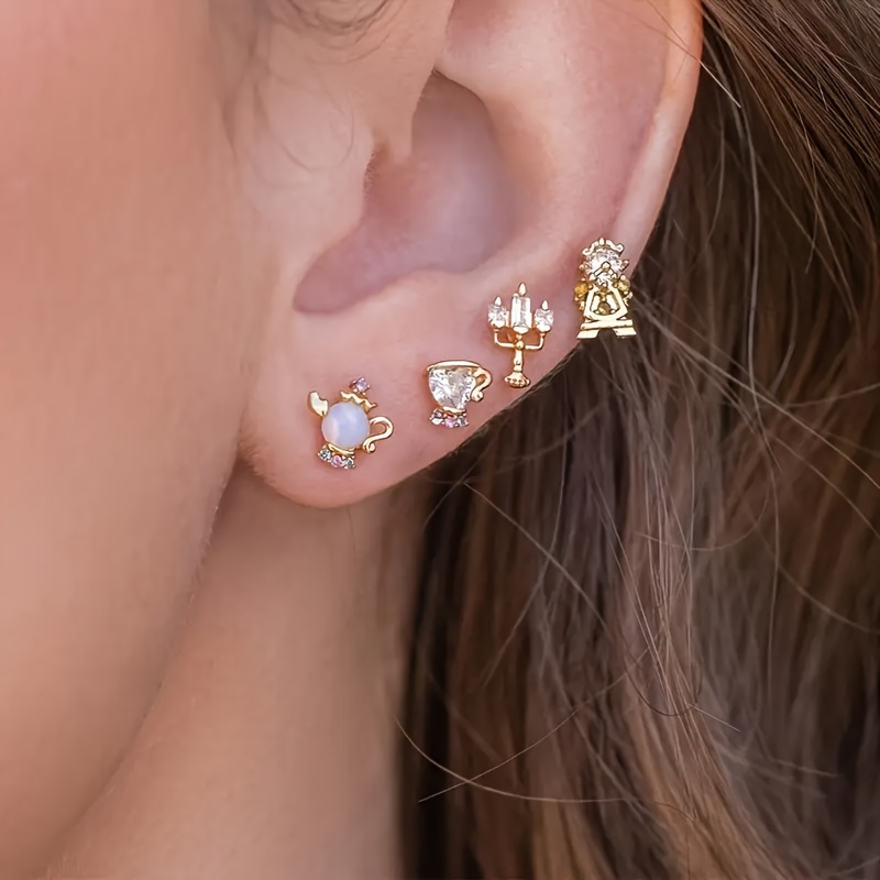 TEMU 4pcs Vintage Elegant Earring Set, Featuring Designs Such As Rhinestones, Geometric Candles, Teapots, And Lamps, For Alloy Earrings, Suitable For