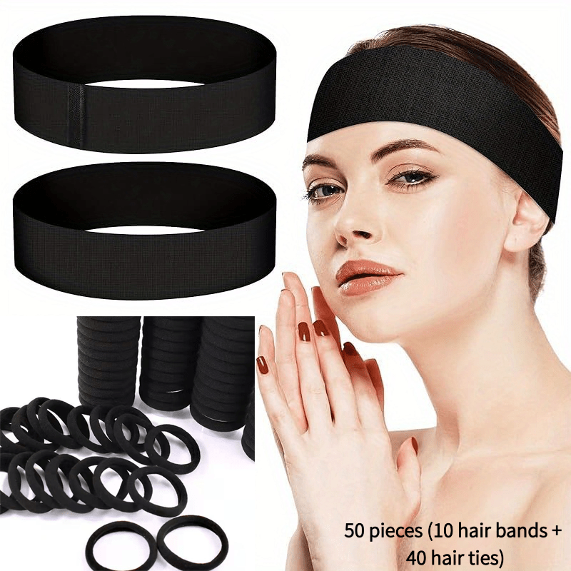Image of 50pcs Set Black Disposable Spa Facial Headbands, Elastic Headbands With Adjustable, Stretch Non-facial Hair Ties, Soft Light Beige Care Essential Headbands With Convenient Closure Design