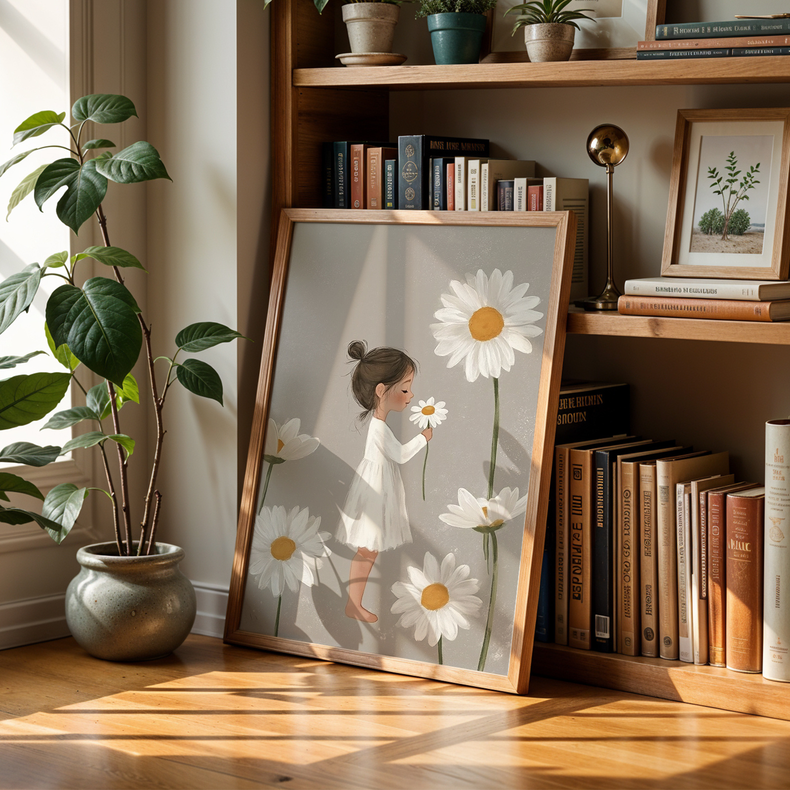 TEMU 2d Flat, 2d Flat, 1pc Wall Decor Featuring A Vintage Poster Of A Small Daisy Plant, An Art Print Of A Little Girl In A White Skirt, A Unique And