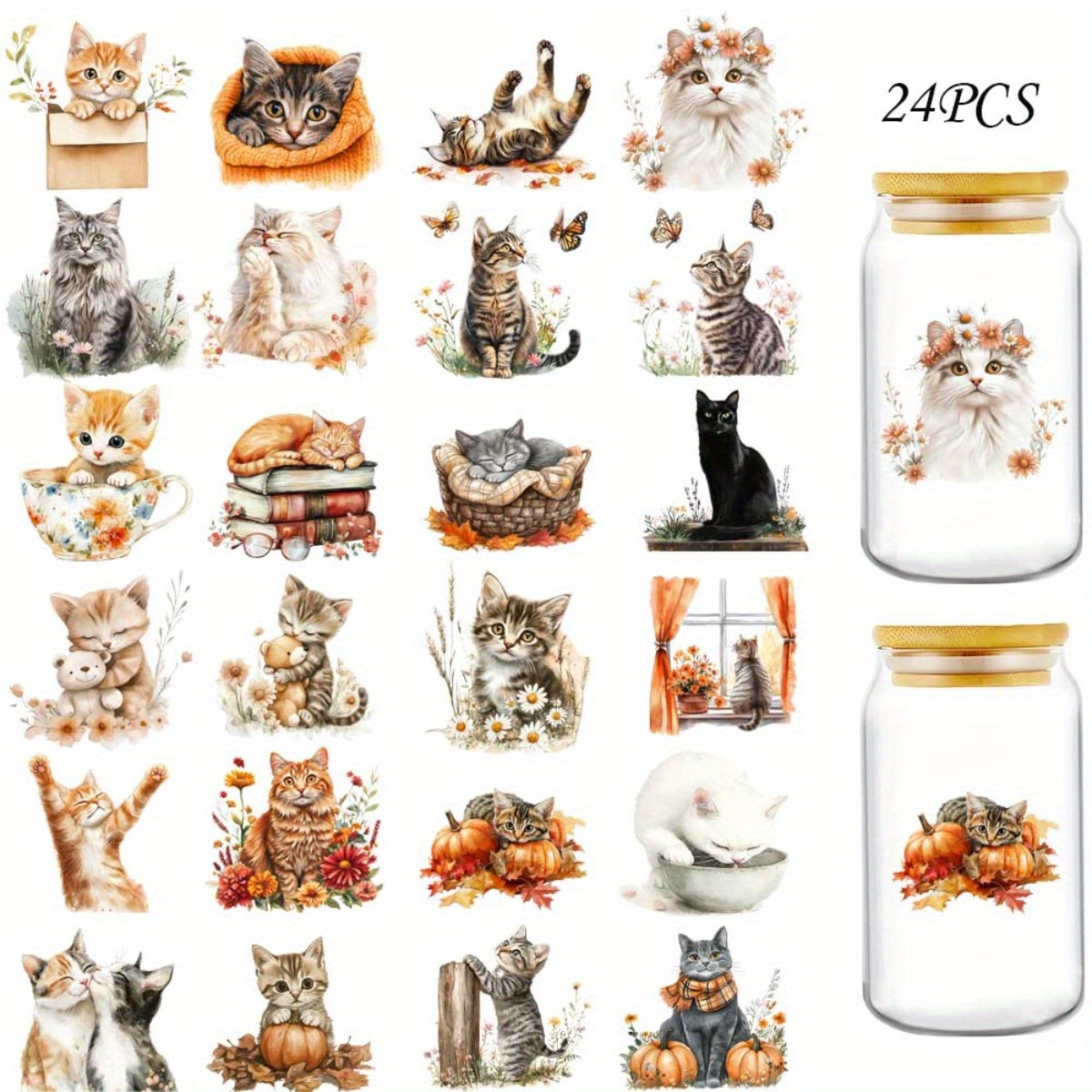 TEMU Set Of 24 Autumn-themed Cat Glass Jar Wrap Stickers For Coffee Cups, Featuring Uv Dtf High Self- Wraps. Stickers Are Perfect For Decorating 16oz