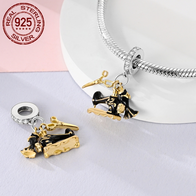 925 Silver Black Golden Sewing Machine Pendant Charm