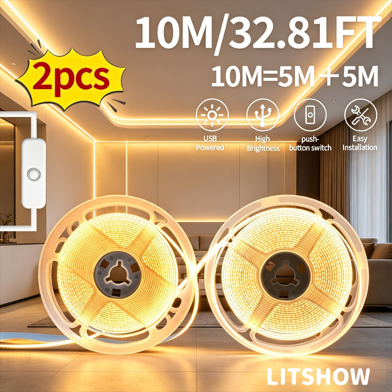TEMU Usb Cob Led Strip Light 10m, 2-pack Flexible Tape Light With Warm White & Cool White, Dimmable 5v Led Strip Light - Under Cabinet Lighting For