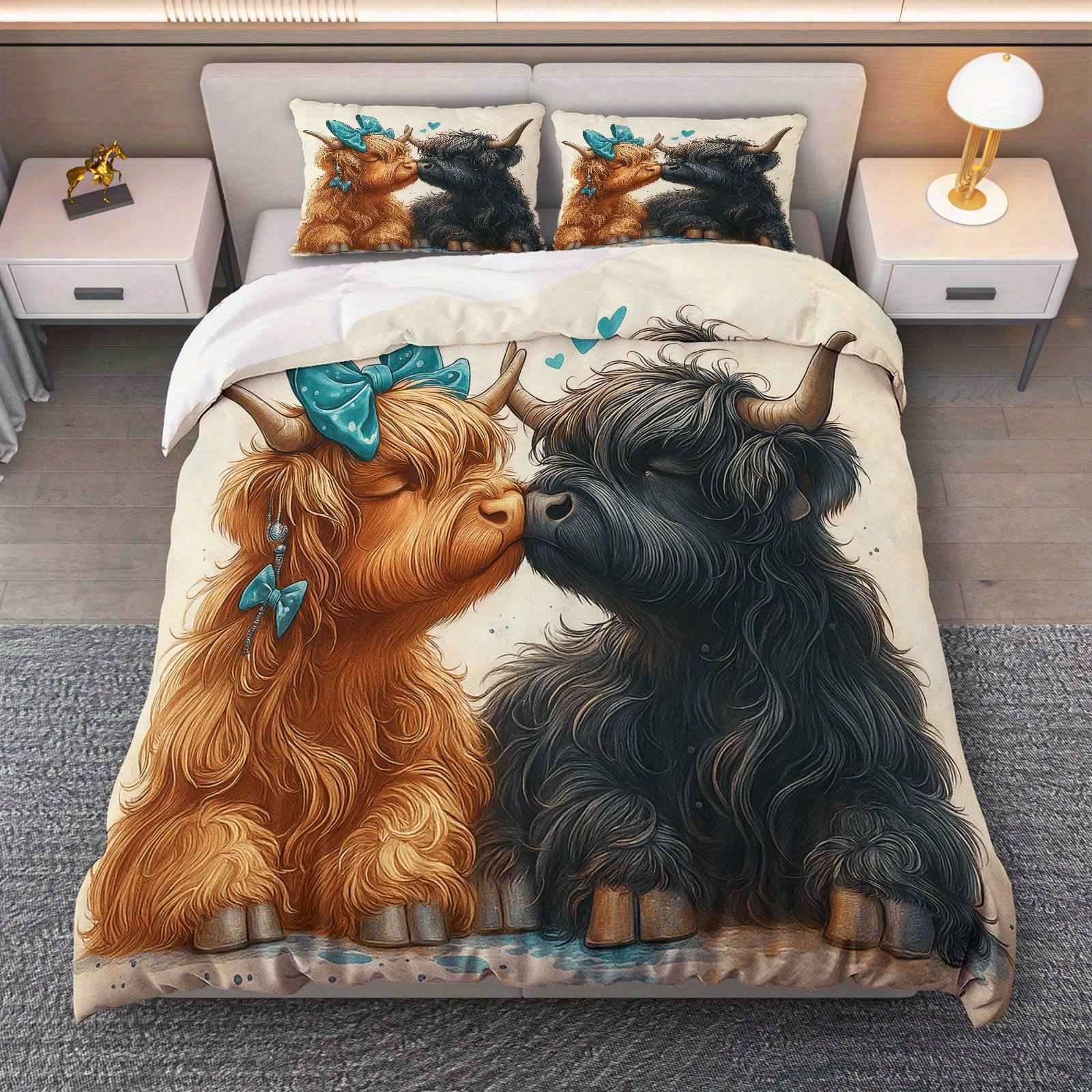 TEMU 3pcs Duvet Cover Set: 1 Duvet Cover + 2 Pillowcases, No Filler Included. Highland Cow Cute 's Day Bedding, Perfect Decoration For Bedrooms,