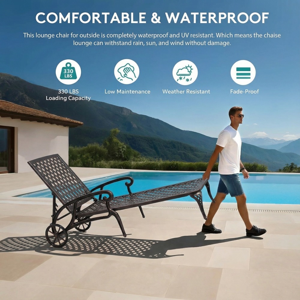 Andehomy Cast Aluminum Outdoor Lounge Chair on Wheels, Patio Recliner with Adjustable Backrest in 3 Positions, Perfect for Poolside Relaxation, Bronze And White Color