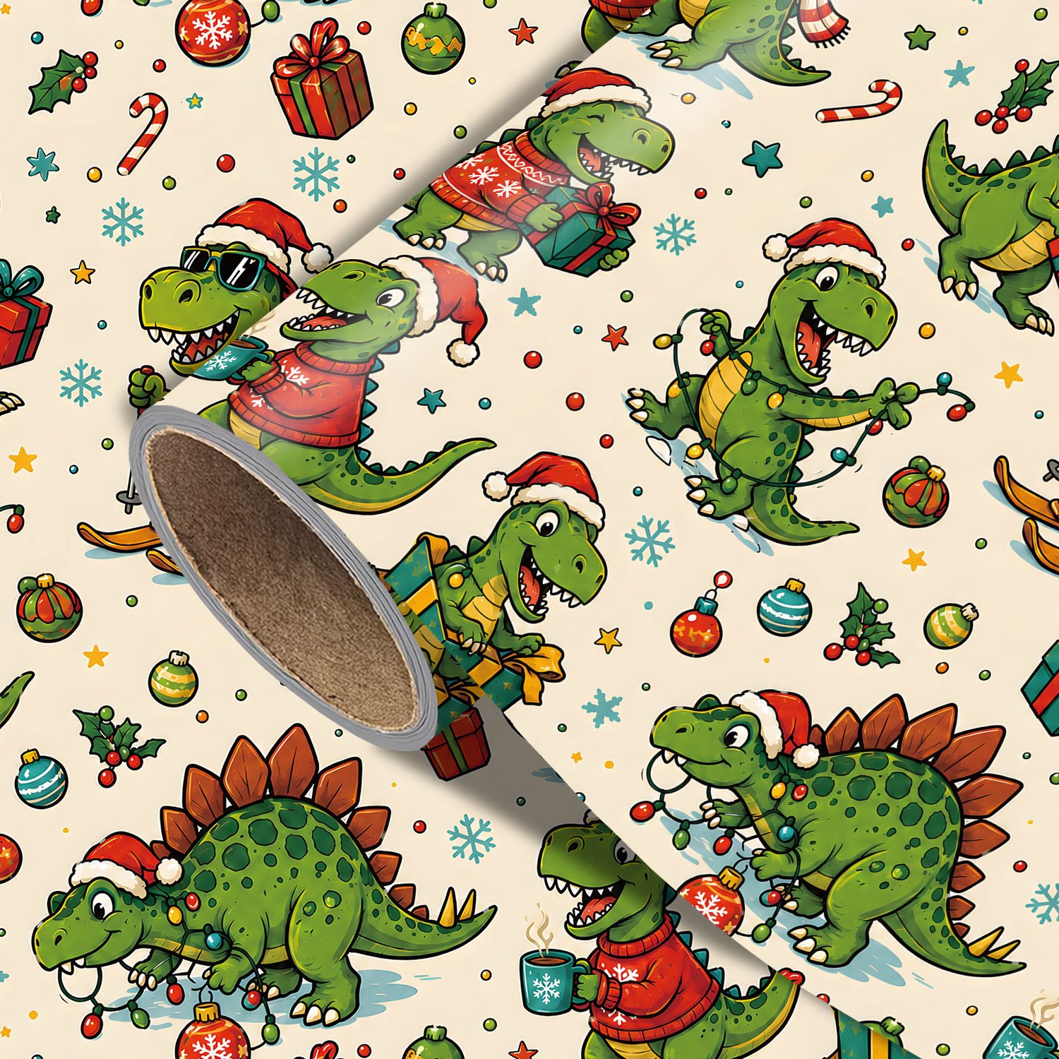 TEMU Roll Christmas Dinosaur Wrapping Paper Suitable For Xmas Gifts, Birthday Party Decorations - Single-sided Print With Santa Dinosaurs, Snowy
