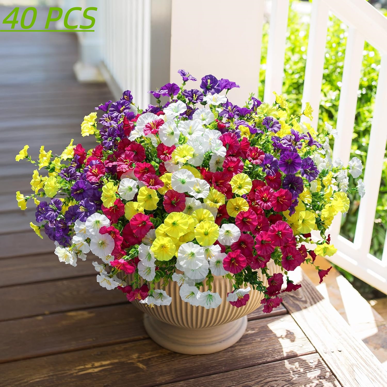 E-shop 40 künstliche Blumen für den Außenbereich, unechte Pflanzen zur Außendekoration, bunte Trichterwinde aus Seide mit Eukalyptus, UV-beständige,