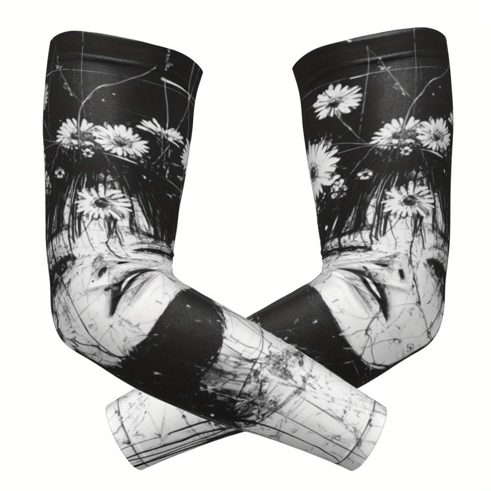 TEMU A Pair Of Trendy Arm Sleeves In Black And White Tones, Featuring A Daisy-themed Character Print And Linear Textures, Showcasing A Style