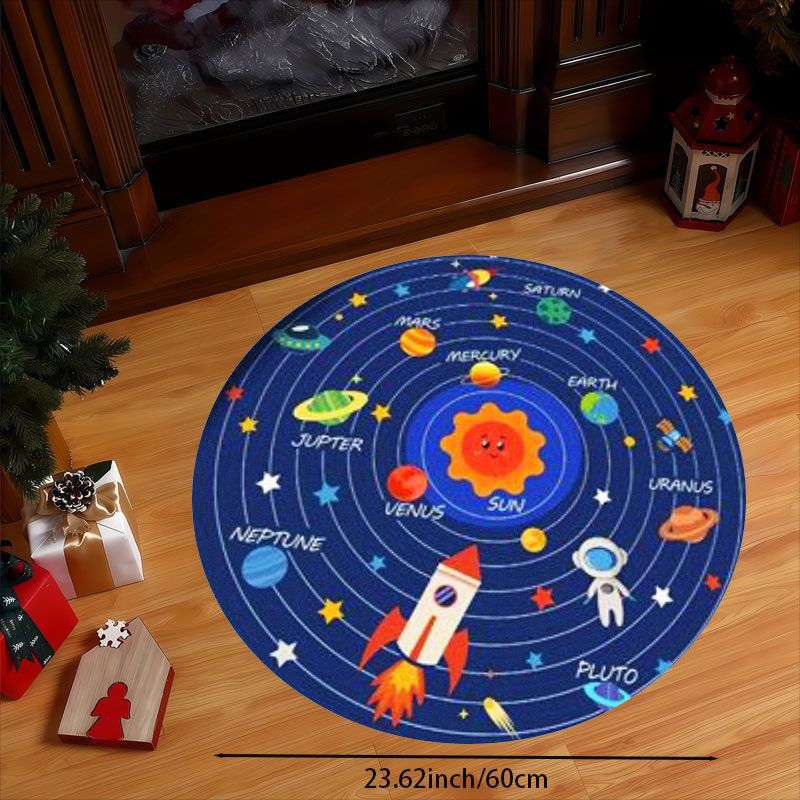 TEMU 1pc Flannel Printed Floor Mat, Cartoon Solar System Floor Mat With Sun, Planets, Rocket, And Astronaut Pattern, Children's Room Decorative Mat.