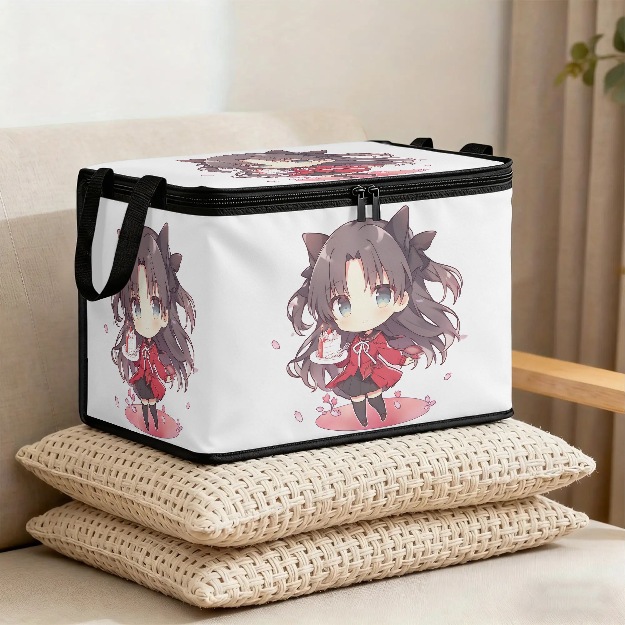 large capacity foldable zipper storage organizer suitable for bedding clothes chibi anime with rin ft themed design polypropylene folder for bed sheets clothes dorm room organization cute anime room decor for 2d flat
