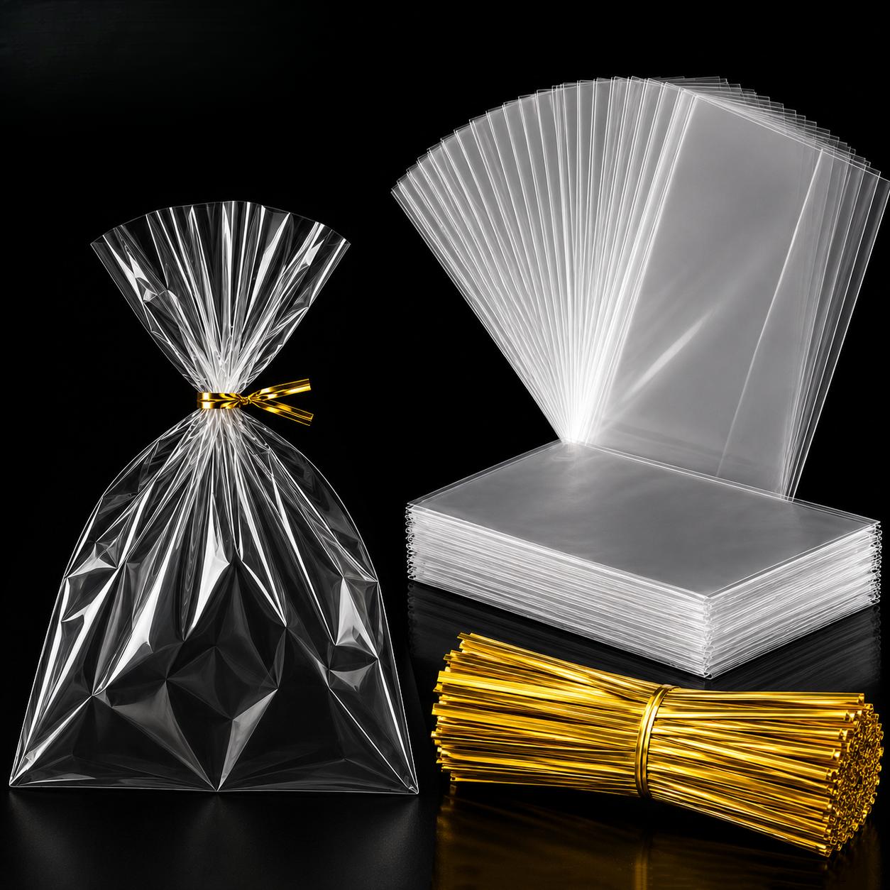 TEMU 180pcs Clear Cellophane Gift Bags Set, 90 Transparent Favor Bags With 90 Golden Twist Ties, Elegant Gift Wrapping Bags For Birthday Party,