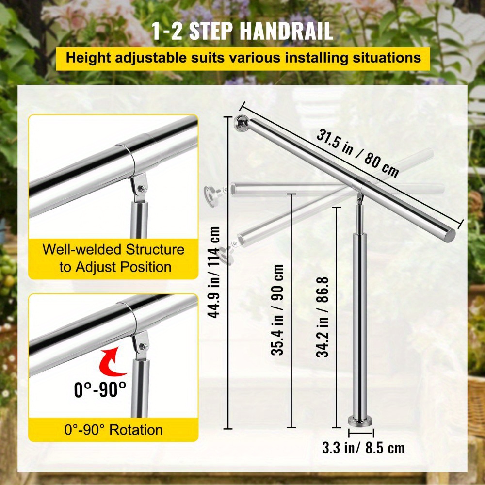 [Adjustable Steel Handrail] Stainless Steel Adjustable Handrail for 1-2 Steps | 304 Steel Anti-Slip Safety Railing with Tool-Free Installation, Non-Slip Grip for Elderly, Indoor/Outdoor Use on Porch, Bathroom, Stairs (31.5x35.4 Inch)