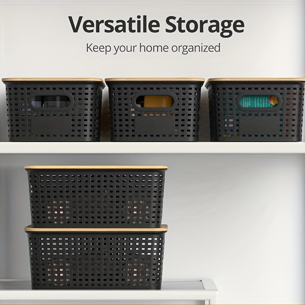5pcs Lidless Stackable Black Plastic Storage Baskets