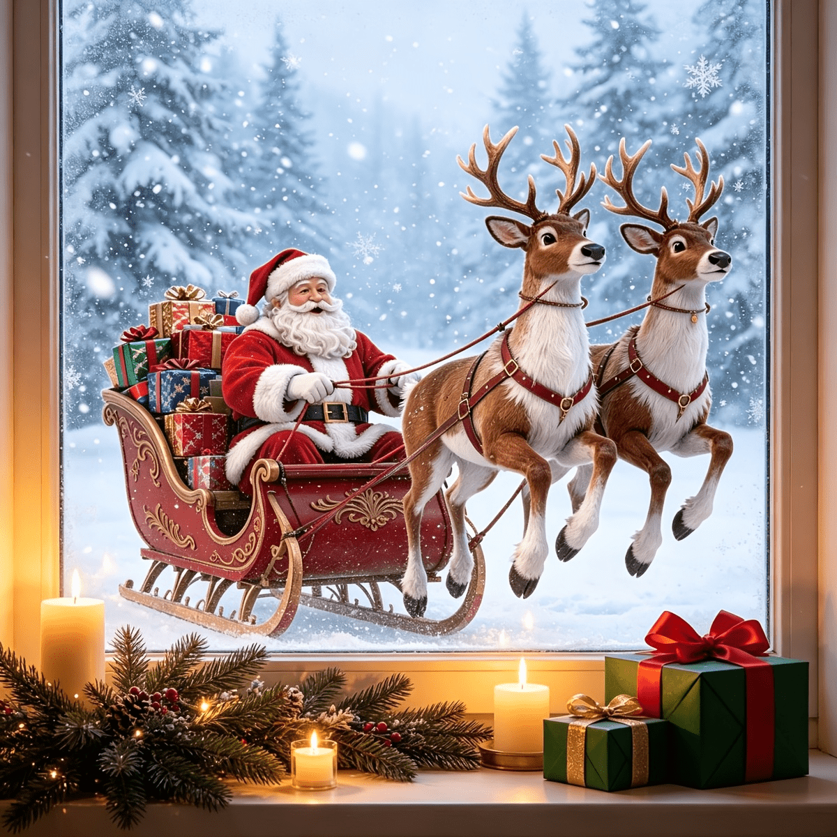 TEMU 2D Flat - . Flache Weihnachtsmann- und Rentier-Schlitten Statische Fensterfolie, Winterwald Schneelandschaft Dekor, Klebstofffreie Entfernbare
