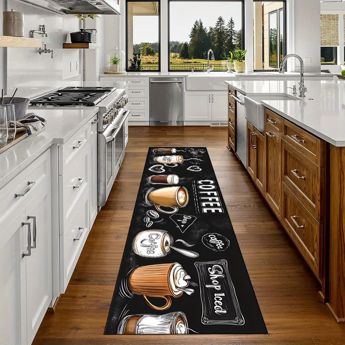 TEMU 1pc Coffee Shop Runner Mat - & Coffee Cup Design With Coffee Beans, Coffee Shop Decor For Hallway, Office, Kitchen - Durable Polyester Mat For