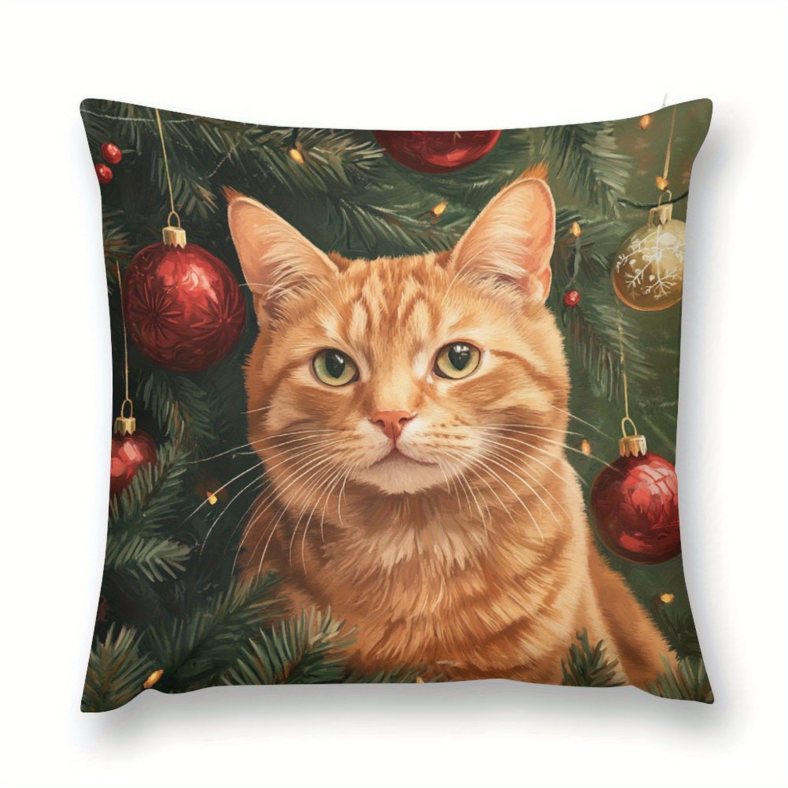 

Ginger Cat Christmas Throw Pillow Cover 18x18in - Holiday Decor For Living Room & Bedroom, Modern Polyester Design With Zip Closure, Machine Washable (pillow Not Included), Christmas Decor