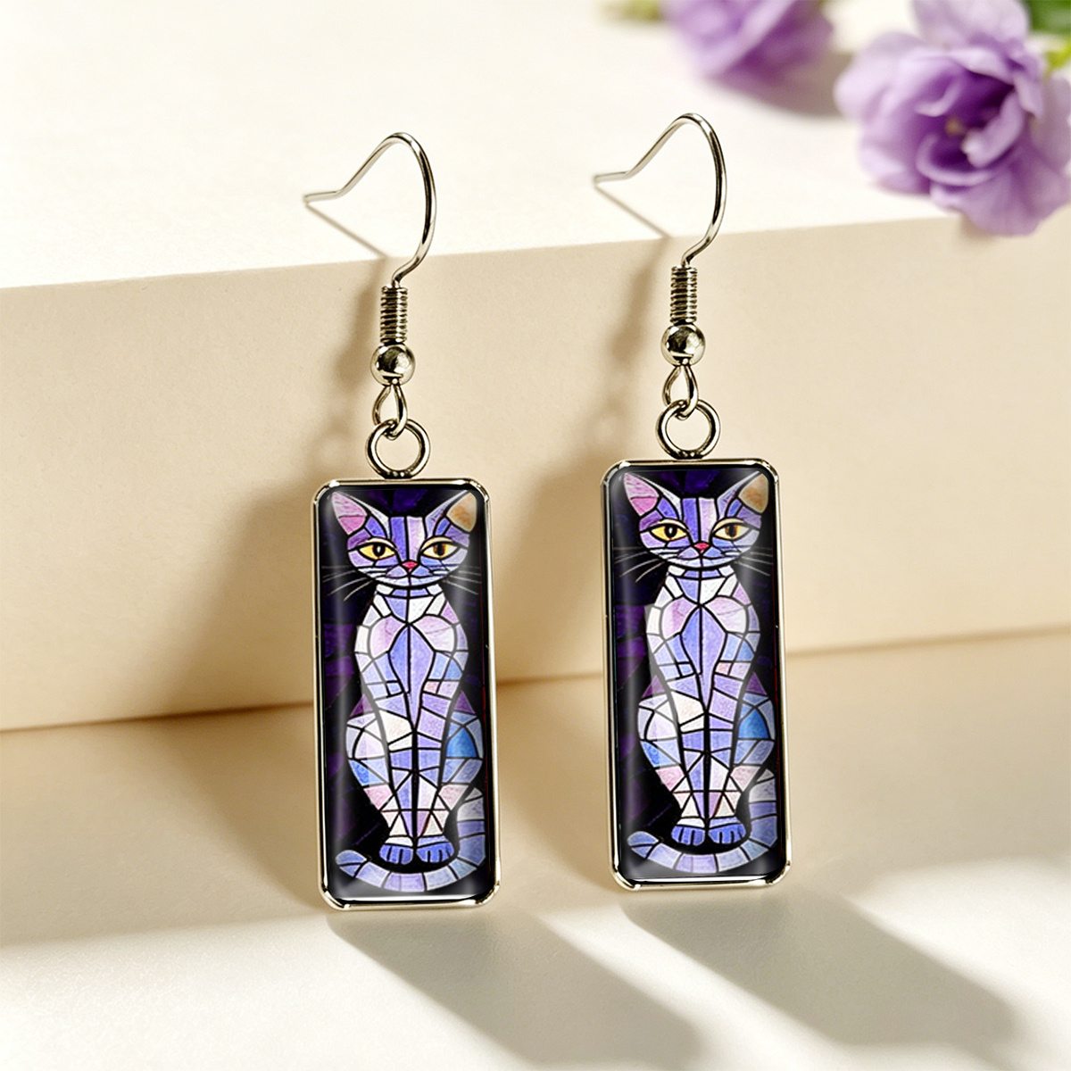 Retro Cat Stained Glass Rectangular Time Gem Earrings