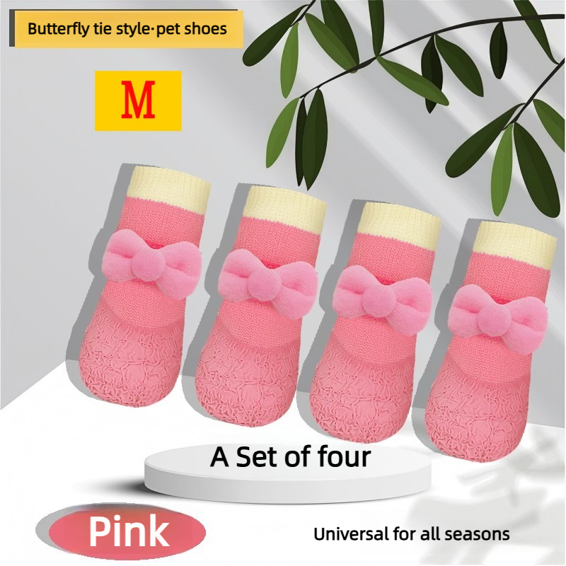 TEMU 4pcs Pet Shoe Set: New And Adorable Bowknot-style Boots. Dustproof, , And Silent Footwear For Cats And Dogs - Featuring Anti-loss Straps For A