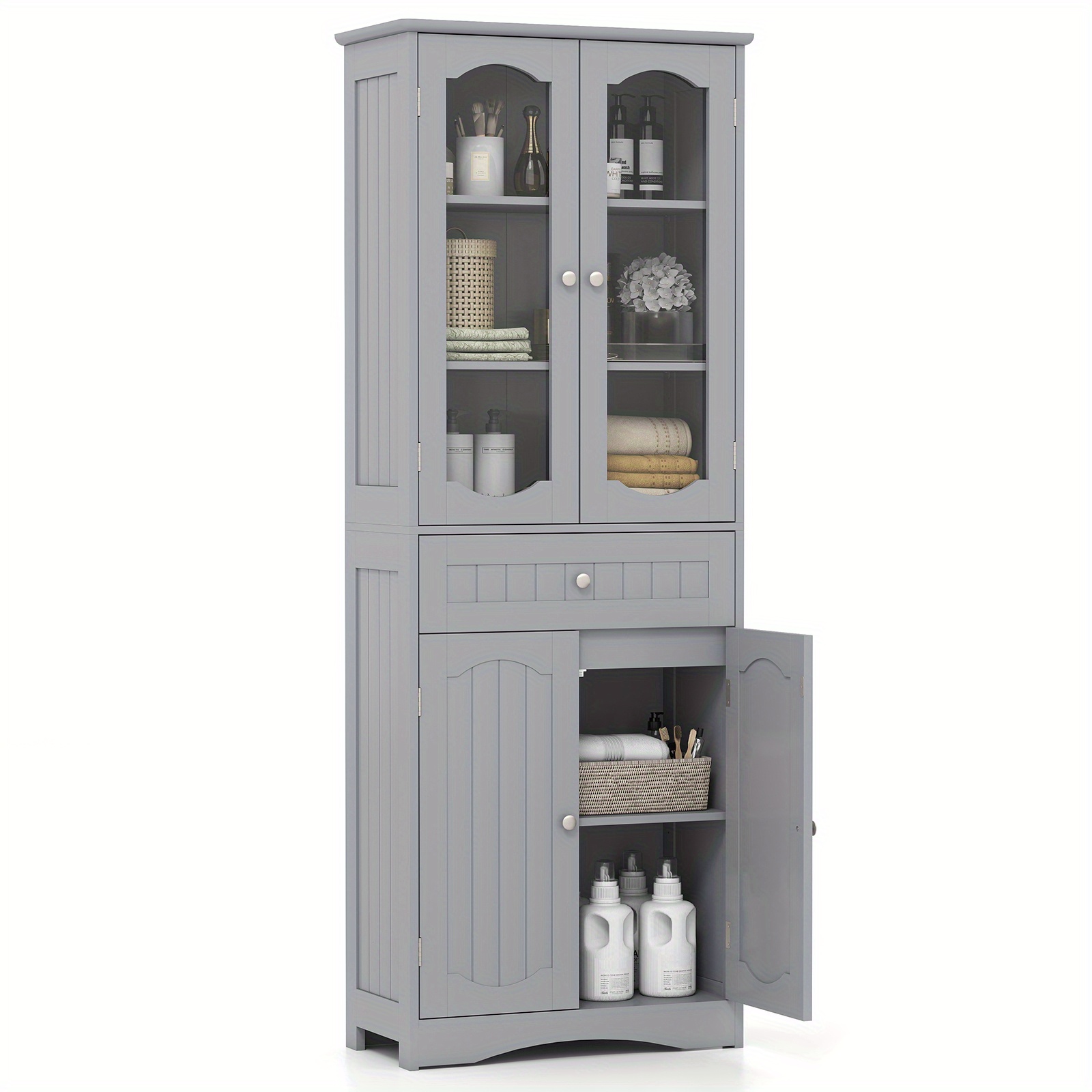 Image of 63" Tall Bathroom Storage Cabinet, Freestanding Linen Cabinet With 2 Glass Doors, 2 Adjustable Shelves And 1 Drawer, Kitchen Pantry Cabinet