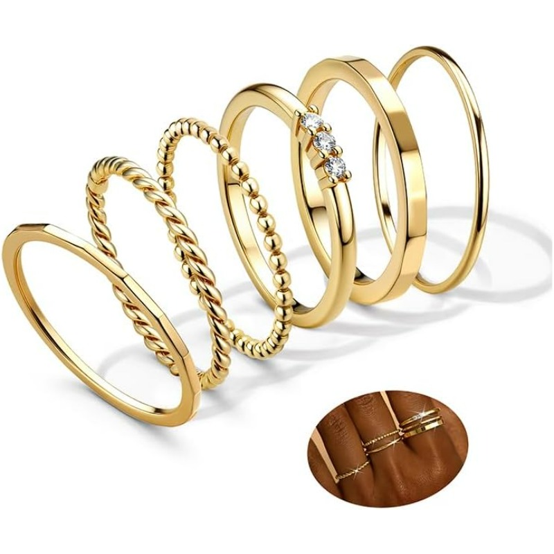 6pcs Stackable Rings For Women Non Tarnish Dainty Rings Cubic Synthetic Zirconia Thin Ring Set Minimalist Thumb Stacking Ring Size