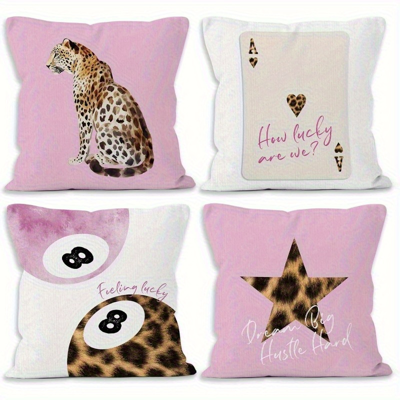 TEMU Ensemble de 4 coussins style collège léopard rose, multi-tailles, housses de coussin décoratives " " tendance, adaptées pour chambre d'étudiant,