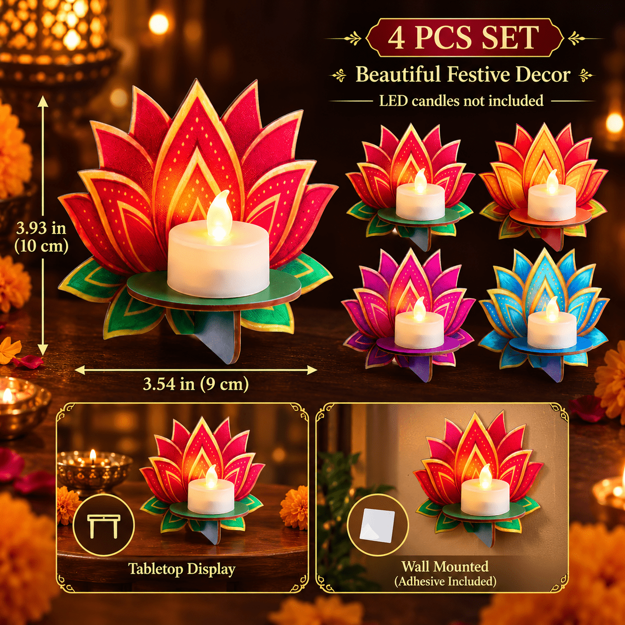 TEMU 4pcs Lotus Candle Holder Set, Suitable For Diwali And Tea Candle Holders, Artificial Table/wall Decoration With Lotus Candle Stand, Home Decor,