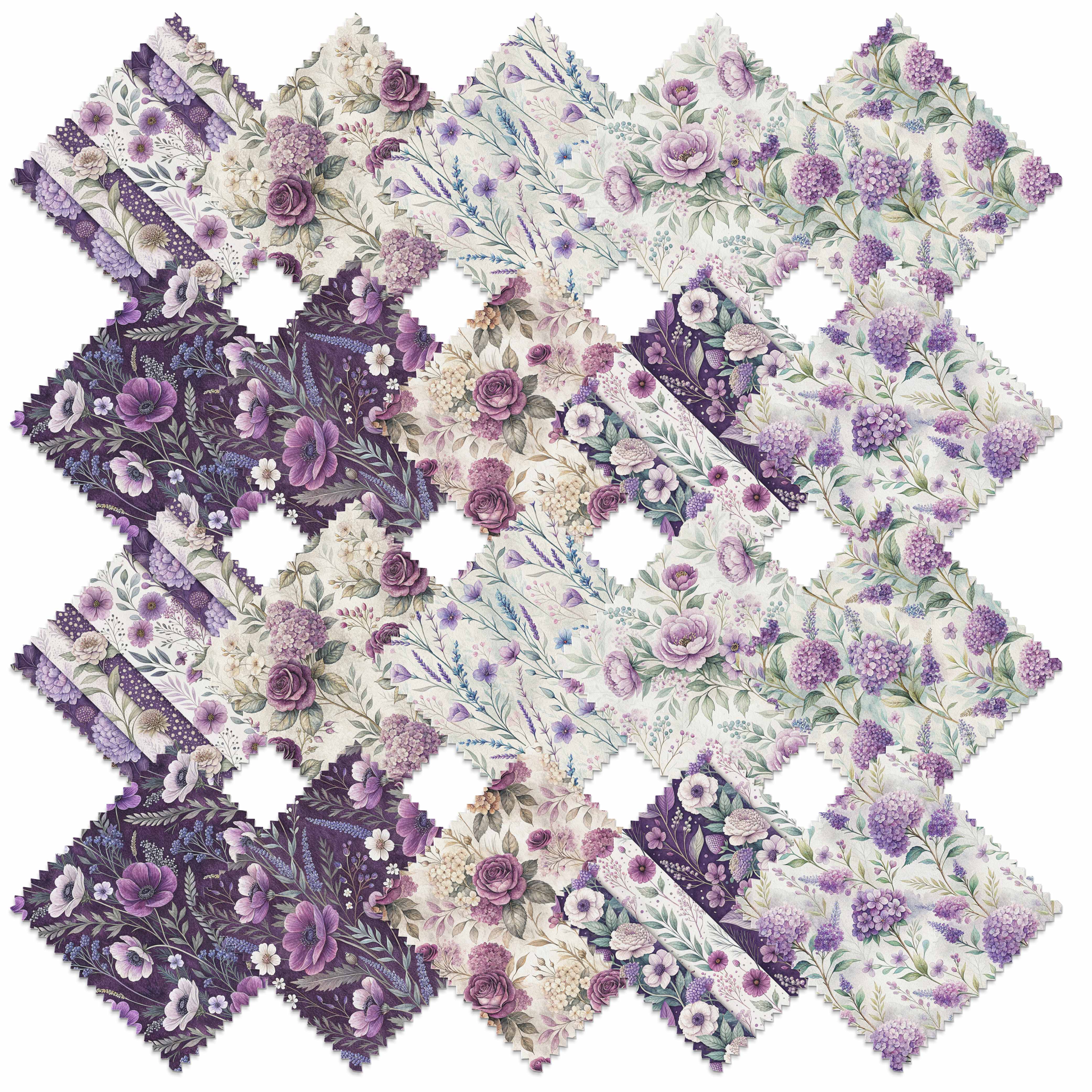 TEMU 20pcs 20pcs 10"x10" Pre-cut Squares Suitable For Diy Crafts - Purple Charm Floral Watercolor Fabric With Pre-cut Squares, Suitable For Quilting,