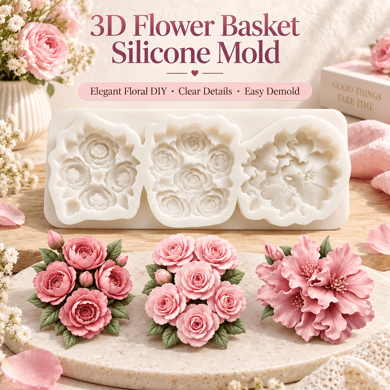 TEMU [resin Silicone Mold] 1pc 's Day 3d Flower Bouquet Silicone Mold, For Peony, Rose Cluster, Dahlia Shaped Silicone Mold, 3-cavity For Peony Rose