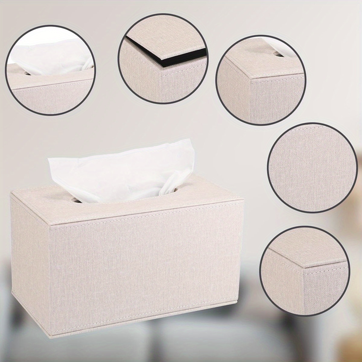   large rectangular tissue box cover with magnetic closure - beige & mdf construction, decorative storage holder with rounded corners & sturdy frame for bathroom, living room, office, car - fits large /kitchen tissues, space-saving design, durable plastic frame & fabric,   decor for table, desk, vanity, dresser, or commercial use - secure magnetic bottom for   Product details 3