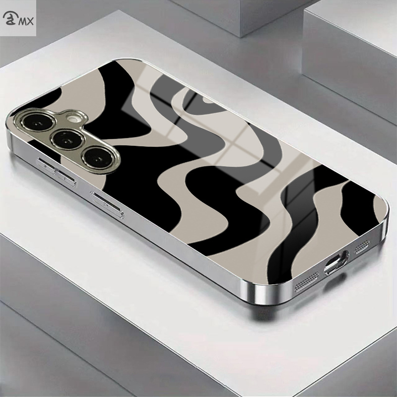 TEMU Phone Case: Black And Abstract Art Pattern Electroplated Silver Tempered Glass Phone Case For Galaxy S25 Plus, S24 Plus, S24 Ultra, S23 Ultra,