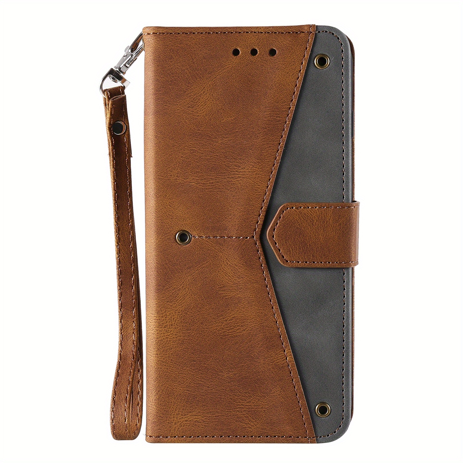 TEMU Phone Case: Brown Textured Spliced Synthetic Leather Phone Case With Short Strap And Card Slot, Simple And Elegant, Versatile, High-end Feel,