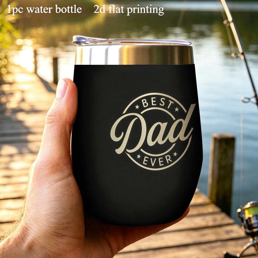TEMU 1pc 12oz/ 360ml 2d Printed Water Bottle With Lid Thermal Golden-themed Designs Praise Dads, "best Dad Ever", A Nutrition Label Highlighting A