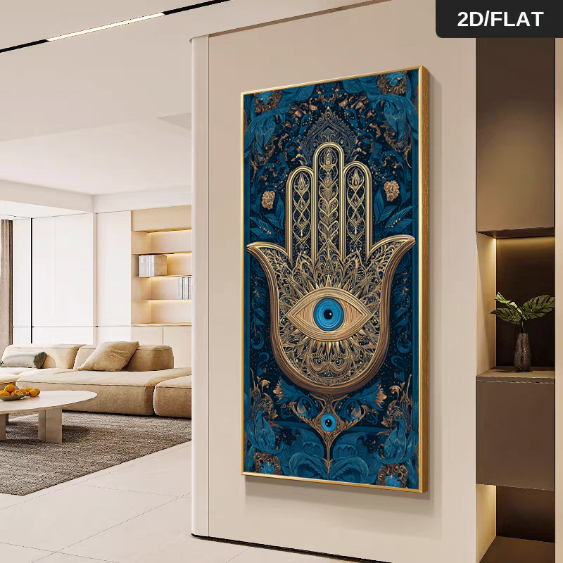 TEMU Grande Toile Murale Moderne Abstraite Main de - Bleu Marine, Doré, Noir Turquoise Symbole de Protection Islamique - Peinture sur Toile, Convient